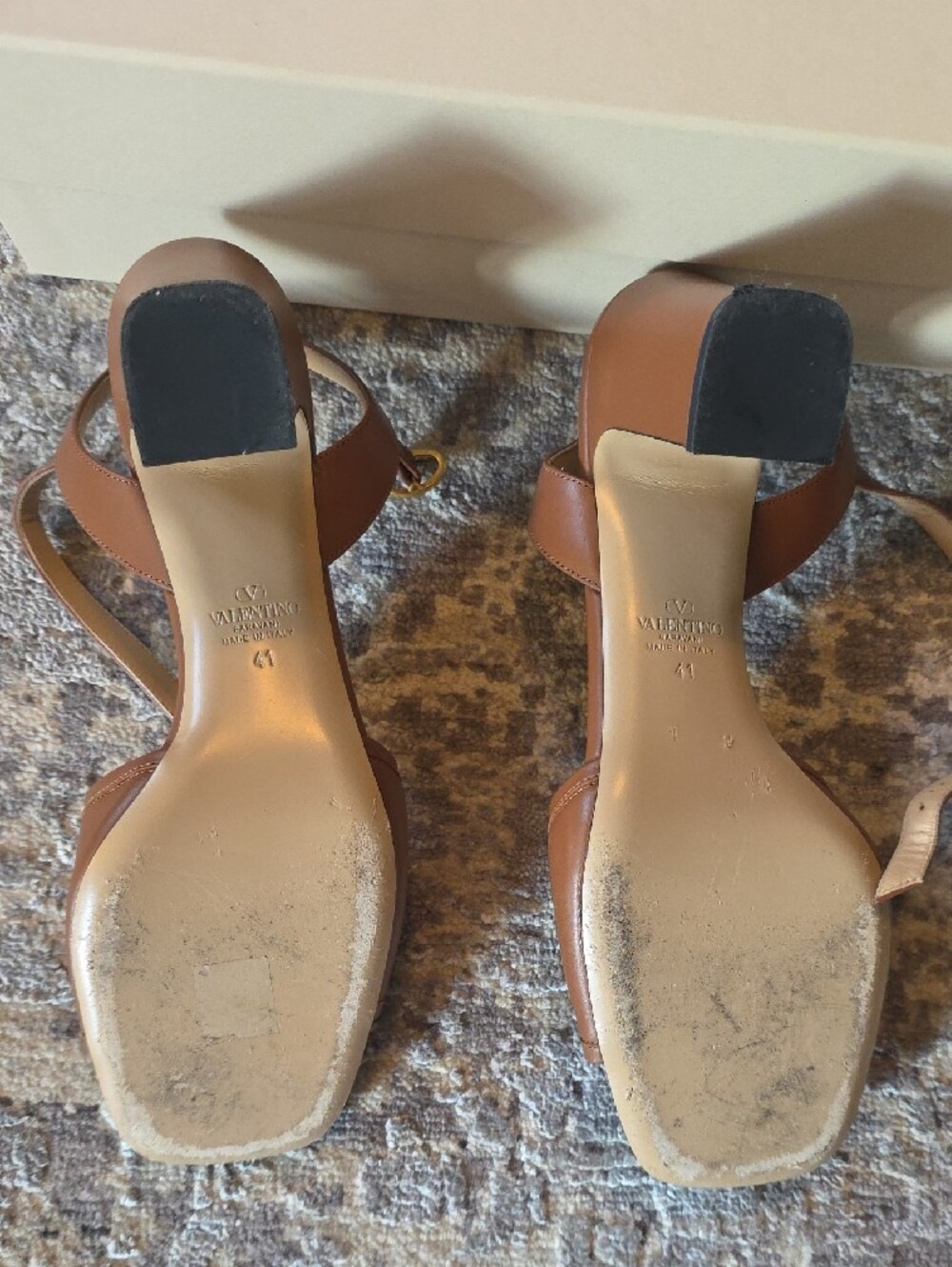 Valentino Brown Leather Slingback Heels with Gold V Logo - Picture 2 of 6